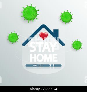 Restez à la maison texte sous le toit de la maison avec coeur. COVID 19 ou logo de la campagne de protection contre les coronavirus. Restez à la maison avec l'auto-quarantaine pour mettre fin à l'épidémie. Illustration de Vecteur