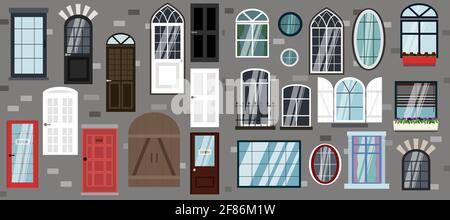 Ensemble de portes et de fenêtres vectorielles. Illustration plate de différents types, conceptions et styles de structures de portes. La façade du bâtiment dans le moderne Illustration de Vecteur