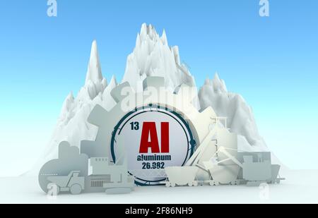 Équipons avec des silhouettes énergétiques. Ensemble de conception de l'industrie minière du charbon. Élément chimique en aluminium. Rendu 3D Banque D'Images