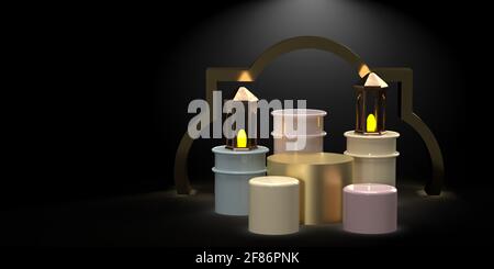 Scène de studio géométrique 3D rendue en forme de Podium de scène arabe. Socle de salle d'exposition en forme de plate-forme avec arc et lanternes dorés. Conception islamique Banque D'Images