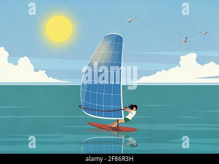 Femme planche à voile avec panneau solaire voile sur l'océan ensoleillé Banque D'Images