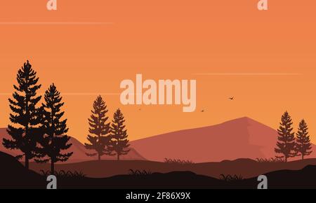Une belle vue panoramique sur les montagnes au crépuscule avec la silhouette des pins environnants. Illustration vectorielle d'une ville Illustration de Vecteur