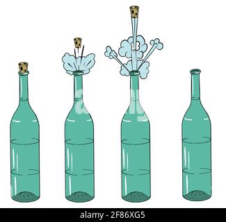Cork vole d'une bouteille de liquide alcoolique sur fond blanc. Illustration de Vecteur