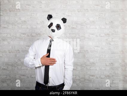 Portrait d'un homme avec une cravate et une tête de panda Banque D'Images