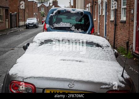 Oxford, Oxfordshire, Royaume-Uni. 12 avril 2021. Neige à Oxford. Le pays s'est réveillé à la neige dispersée, une surprise pour le temps d'avril. Stephen Charters prend son chien Roxie pour une promenade. Ils vérifient l'Old Booklicher Pub sur Canal St. pour voir si le service extérieur va redémarrer aujourd'hui alors que le pays émerge une étape de plus hors du verrouillage. Credit: Sidney Bruere/Alay Live News Banque D'Images