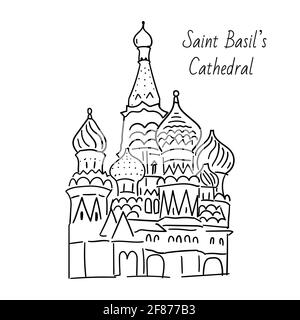 Dessin de gribouillages dessinés à la main représentant les monuments de Moscou. Cathédrale Saint-Basile sur la place Rouge. Ligne noire sur fond blanc Illustration de Vecteur