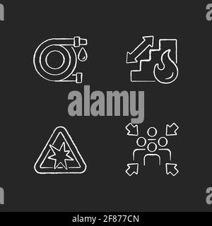 Instructions de sécurité incendie de bureau craie icônes blanches sur noir arrière-plan Illustration de Vecteur