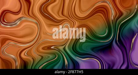 Le marbre abstrait vif agate de veines dorées. Texture agate de marbrures abstraites et arrière-plan de courbes d'or brillantes. Fluide horizontal orange vert violet Banque D'Images