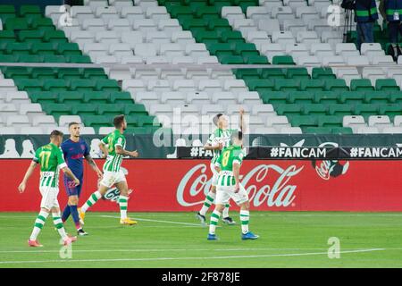Cristian Tello de Real Betis célèbre son but lors du championnat d'Espagne la Liga football match entre Real Betis Balompie et Atletico de Madrid le 11 avril 2021 au stade Benito Villamarin à Séville, Espagne - photo Joaquin Corchero / Espagne DPPI / DPPI / LiveMedia Banque D'Images