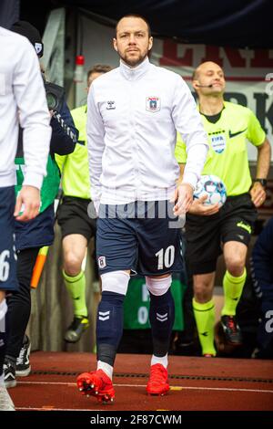 Aarhus, Danemark. 11 avril 2021. Patrick Olsen (10) d'AGF entre sur le terrain du 3F Superliga match entre Aarhus GF et le FC Midtjylland au parc Ceres d'Aarhus. (Crédit photo : Gonzales photo/Alamy Live News Banque D'Images