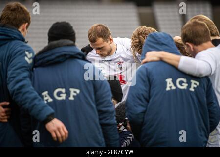 Aarhus, Danemark. 11 avril 2021. Benjamin Hvidt (22) de l'AGF vu pendant le match 3F Superliga entre le GF d'Aarhus et le FC Midtjylland au parc Ceres d'Aarhus. (Crédit photo : Gonzales photo/Alamy Live News Banque D'Images