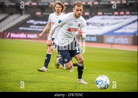 Aarhus, Danemark. 11 avril 2021. Benjamin Hvidt (22) de l'AGF vu pendant le match 3F Superliga entre le GF d'Aarhus et le FC Midtjylland au parc Ceres d'Aarhus. (Crédit photo : Gonzales photo/Alamy Live News Banque D'Images