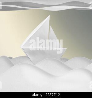 Illustration abstraite d'un navire blanc avec voiles dans fond d'océan de tempête faite à partir de papier utilisant la technique de pliage de papier origami. Texte en papier mat Banque D'Images