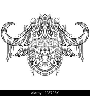 Tête de buffle. Illustration de contour vectoriel abstrait isolée sur fond blanc. Pour la page de livre de coloriage anti stress adulte avec Doodle et zentangle Illustration de Vecteur