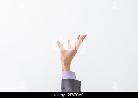 La main de l'homme en cause ne demande qu'à quelque chose d'isolé sur fond blanc. Paume vers le haut, Close up. Produit de haute résolution Banque D'Images