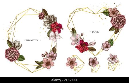 Cadre doré avec hibiscus, fleurs de prune, fleurs de pêche, fleurs de sakura, fleurs de magnolia, camellia japonica Illustration de Vecteur