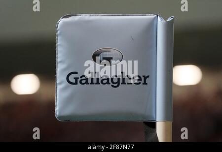 Photo du dossier datée du 28-08-2018 d'UN drapeau d'angle portant le logo Gallagher lors du match Gallagher Premiership au stade Ashton Gate, Bristol. Date de publication : lundi 12 avril 2021. Banque D'Images