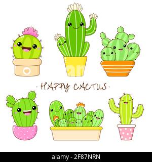 Ensemble d'autocollants style kawaii. Collection de cactus de dessin animé mignon en pot de fleurs. Illustration vectorielle EPS8 Illustration de Vecteur