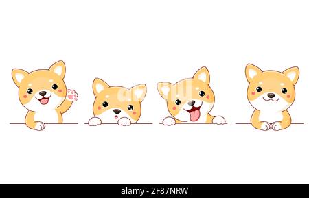 Ensemble de chiens shiba inu japonais mignons. Ensemble de frontières avec kawaii shiba inu chiot. Collection de chiens avec différentes émotions - drôle, heureux, surpris, s Illustration de Vecteur