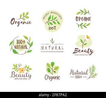 Collection de logos bio et naturel. Emblèmes cosmétiques naturels dessinés à la main. Soins de la peau; produits de beauté biologiques. Illustration vectorielle. Illustration de Vecteur