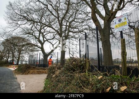 Great Missenden, Royaume-Uni. 9 avril 2021. Les agents de sécurité HS2 gardent une zone clôturée sur Leather Lane où plusieurs chênes centenaires ont été abattus pour permettre la construction d'une route d'accès temporaire et d'un composé pour la liaison ferroviaire à grande vitesse HS2. Suite aux pressions des résidents locaux, du Conseil de Buckinghamshire et du Chilterns conservation Board, il semble que les entrepreneurs de HS2 aient modifié leurs plans de manière à préserver certains des arbres qui bordent la voie de campagne ancienne, riche en faune. Crédit : Mark Kerrison/Alamy Live News Banque D'Images