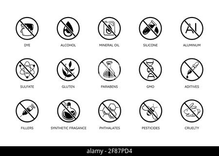 Jeu d'icônes sans toxicité. Conception monochromatique. Sans cruauté, sans toxicité : alcool, huile minérale, silicone, aluminium, sulfates, parabens... Parfait pour natur Illustration de Vecteur