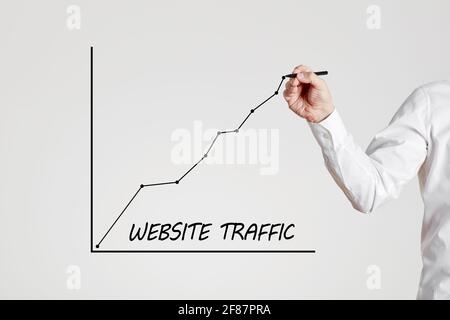 Main d'homme d'affaires dessine un graphique de ligne de montée avec le mot trafic de site Web. Concept d'augmentation du trafic de site Web. Banque D'Images