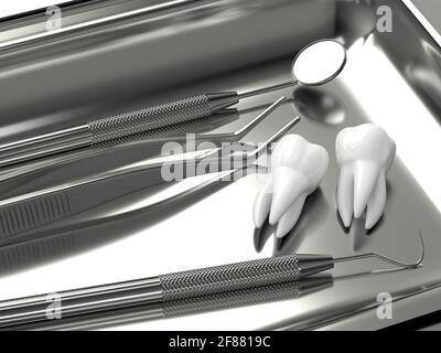 rendu 3d des instruments de diagnostic dentaire reposant sur un plateau dentaire Banque D'Images