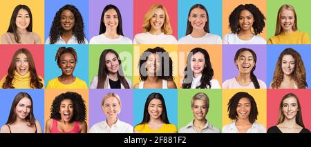 Ensemble de collage de femmes multiculturelles émotionnelles diverses Banque D'Images