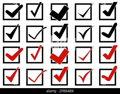 Ensemble de différentes icônes de coche dans les cases isolées sur blanc Banque D'Images