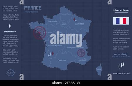 Carte de la France, régions séparées avec noms, infographies bleu à motif plan vectoriel Illustration de Vecteur