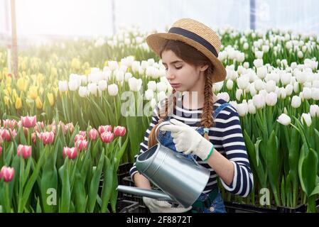 Adolescente en chapeau avec arrosoir en tulipe en fleur jardin Banque D'Images