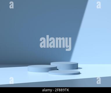 Résumé du contexte de la plate-forme de publicité produit. La passerelle est de couleur bleu pastel avec des ombres dures. Trois socles pour cosmétiques. Banque D'Images