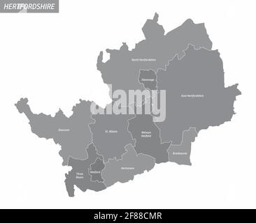 La carte isolée du comté de Hertfordshire est divisée en districts avec des étiquettes, l'Angleterre Illustration de Vecteur