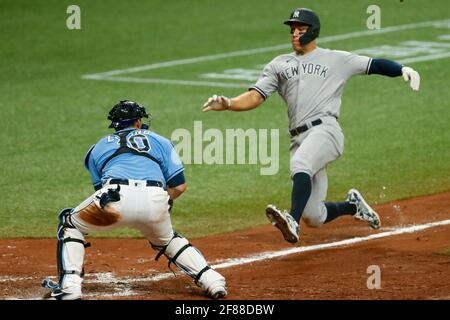 Mike Zunino (10) attrape une balle dans les rayons de la baie de Tampa, ce qui fait que le bon fianteur des Yankees de New York Aaron Judge (99) est sorti à la maison dans le 10e repas au Tropicana Field à Saint-Pétersbourg, en Floride, le dimanche 11 avril 2021. (Photo par Ivy Ceballo/Tampa Bay Times/TNS/Sipa USA) crédit: SIPA USA/Alay Live News Banque D'Images