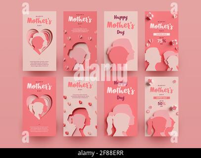 Collection d'histoires de médias sociaux Happy Mother's Day. Modèles modifiables avec silhouettes en style de coupe de papier. Rendu 3D Banque D'Images