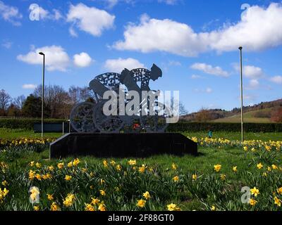 Jonquilles et cyclistes sur l'A24 près de Dorking Banque D'Images