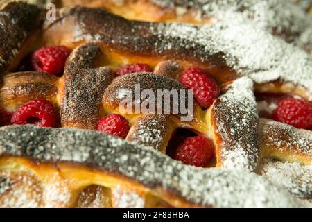 Chaussons de maman. Les chaussons sont prêts. Tartes cuites saupoudrées de sucre en poudre. Cuisson en quarantaine. Banque D'Images