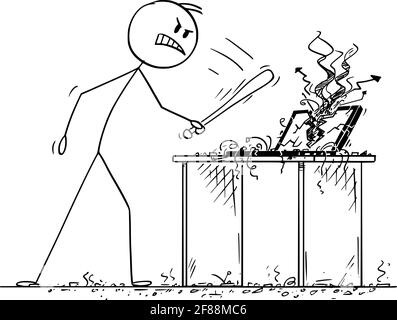 Angry Man ou homme d'affaires a détruit l'ordinateur avec Baseball Bat, Vector Cartoon Stick Figure Illustration Illustration de Vecteur