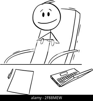 Patron ou responsable assis sur une chaise derrière son bureau, Vector Illustration de la figure du bâton de dessin animé Illustration de Vecteur