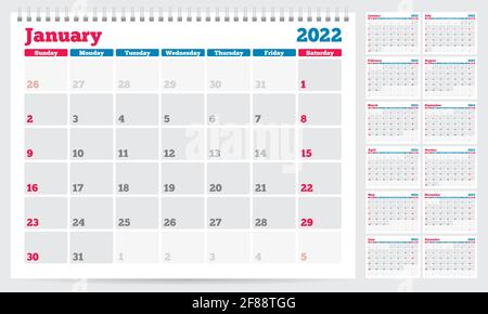 Calendrier 2022 modèle de planificateur. La semaine commence le dimanche. Ensemble de 12 mois. Illustration vectorielle Illustration de Vecteur