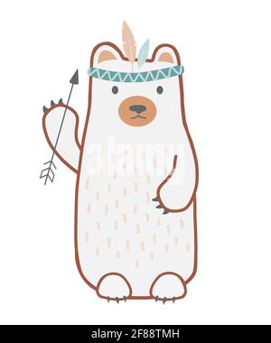 Wild Child - adorable affiche de pépinière dessinée à la main avec un ours en bande dessinée dans un bandeau tribal. Illustration vectorielle de style scandinave. Illustration de Vecteur