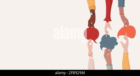 Bannière. Bras et mains tenant la bulle de la parole. Accord ou liaison entre un groupe de collègues ou de collaborateurs.diversité personnes qui échangent des idées Illustration de Vecteur