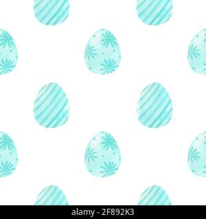 Motif aquarelle sans couture avec œufs peints à Pâques dans des couleurs bleu clair. Éléments festifs avec ornements fleuris et à rayures. Idéal pour emballer du papier, du tissu, des textiles, des imprimés, des décorations. Banque D'Images