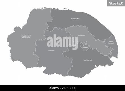 La carte isolée du comté de Norfolk est divisée en districts avec des étiquettes, l'Angleterre Illustration de Vecteur