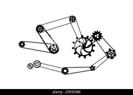 Beaucoup de silhouettes différentes noires de roues dentées reliées par des chaînes de vélo, ancien mécanisme steampunk isolé sur blanc Illustration de Vecteur