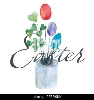 Arrière-plan typographique joyeuses Pâques avec lapin et fleurs Banque D'Images