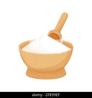 Bol en bois avec ingrédient blanc, bol en amidon de style dessin animé isolé sur fond blanc. Ingrédient de cuisson et de cuisson, élément design. Vecteur il Illustration de Vecteur