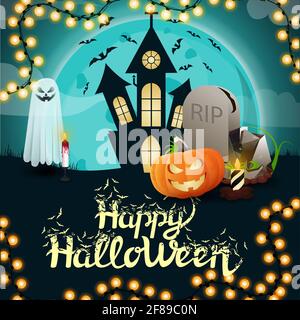 Joyeux Halloween, carte postale de salutation carrée avec vieux château, pleine grande lune, fantôme, pierre tombale et citrouille Jack Banque D'Images