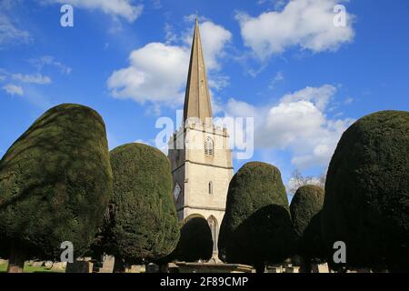 L'église St Mary à Painswick avec les 99 arbres à if topiaires. Stroud, Gloucestershire. ROYAUME-UNI Banque D'Images